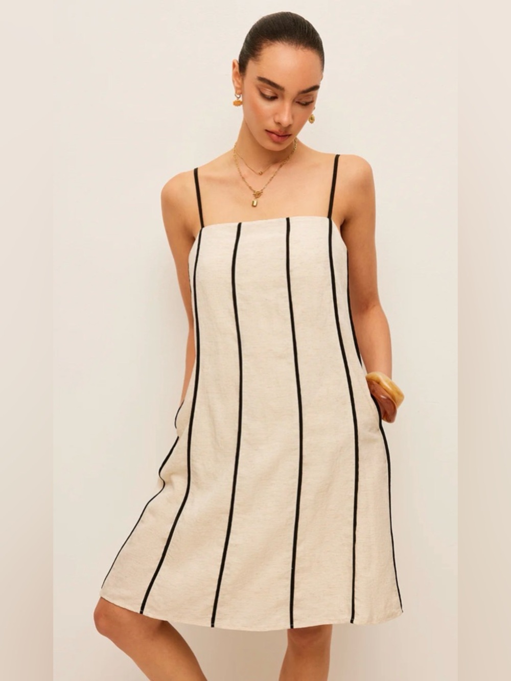 NWT Commense cotton and linen Striped Cream Spaghetti-Strap Dress XS